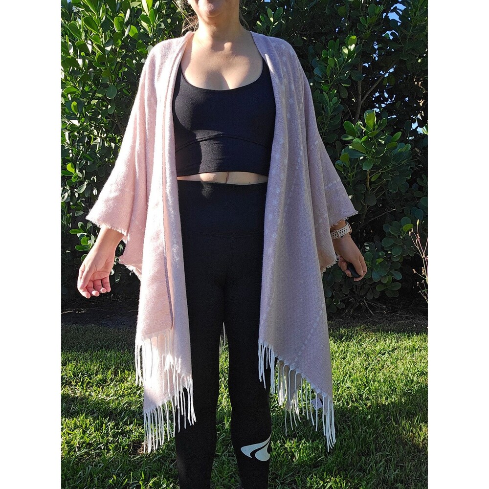 Soft Pink Fringe Shawl Wrap One Size Cozy Boho Layering Poncho